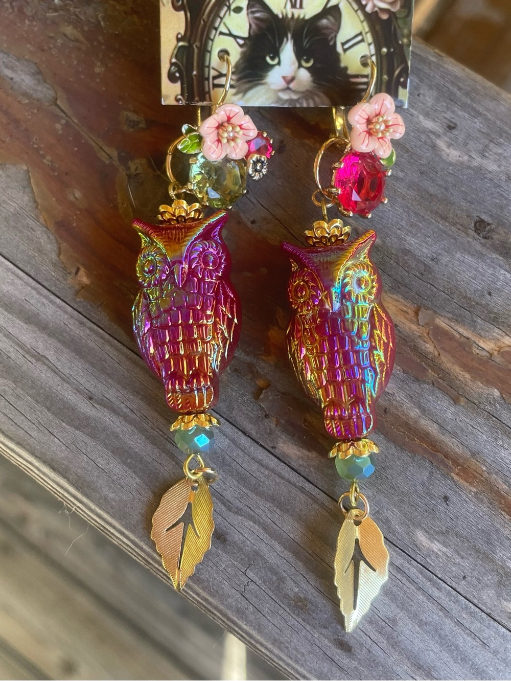 Convertible Iridescent Owl Drop Earrings with Pink Floral Accents